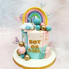 A centered view of our rainbow drip baby shower cake, showing the playful arrangement of colorful spheres and chocolate bars.