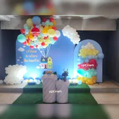 A wide shot of the "Up" themed housewarming party.
