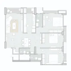The full architectural layout for 'The Time Capsule' apartment. This drawing shows the open-plan living area and the arrangement of three bedrooms, all designed according to Japandi principles of minimalism and flow.