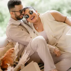 Part fun, part magic, and all heart. This candid shot from a relaxed indoor session in Alibaug captures the couple's playful and affectionate dynamic, proving that the best photos happen when you're just being yourselves.