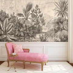 A classic black and white jungle sketch wallpaper, paired with elegant wall paneling for a timeless and sophisticated look.