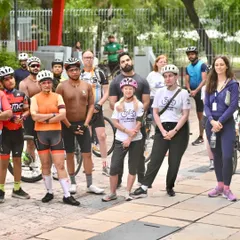 Members of our group and the Polish embassy listening to a briefing before the "Cycle for a Better World" ride.