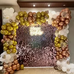 Here you can see the details in the balloon arch, with smaller balloon clusters adding depth to the main garland. This rose gold and gold theme is a client favorite for its glamorous and festive look. I can set this up in various indoor spaces across Delhi and Gurgaon.