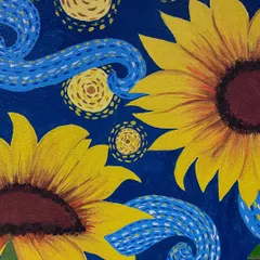 This wall painting was directly inspired by Vincent van Gogh's work, blending his iconic 'The Starry Night' style with sunflowers for a unique composition.