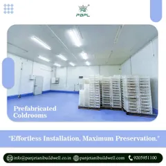 A large prefabricated cold room with stacked crates, ready for storage. Our solutions offer effortless installation and maximum preservation, making us a leader in cold rooms for diverse industries.