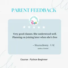 A wonderful review from the mother of a Python Beginner student. We are so proud to see our students gain confidence and a solid understanding of text based programming with us.