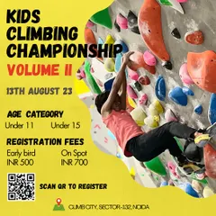 Competition alert for the second edition of our Kids Climbing Championship. We have categories for Under 11 and Under 15, with early bird registration available. Scan the QR code to join the fun.