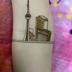 The clean, initial outline of the Toronto skyline design. I ensure the proportions and details are accurate before filling in the patterns.