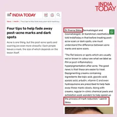 In this India Today article, I explain the dermatological difference between post acne marks and acne scars. I also outline the clinical approach to treating post inflammatory hyperpigmentation using depigmenting creams and in clinic procedures like chemical peels.