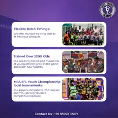 This graphic highlights some of our key achievements and features, including flexible batch timings, having trained over 2000 kids, and our participation in major local tournaments.