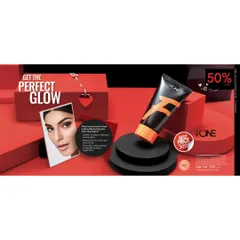 A promotional image for 'The ONE' foundation, highlighting its "Perfect Glow" benefit. The styling uses a simple gift box and a swatch card to communicate the product's features effectively.