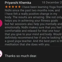 I feel blessed when I receive messages like this. My goal is not just to help you with fitness but to create a space where you feel mentally and emotionally supported. This review from Priyanshi truly touched my heart and reflects the journey we take together.