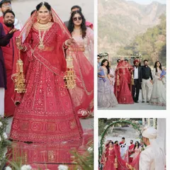 A collage capturing the bride's grand entrance, her walk down the aisle, and the moment she meets the groom.