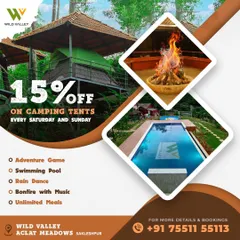 Enjoy a weekend camping adventure at Aclat Meadows, Sakleshpur, with 15% off on camping tents every Saturday and Sunday.