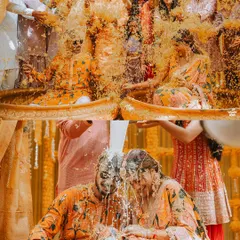 A collage showing the two sides of Haldi: the joyous flower shower from friends and family, and the quiet ritual of the holy bath for the couple.