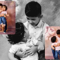 A collage featuring a mix of color and black and white edits from a sibling photoshoot. The B&W image in the center draws your eye to the emotional connection between the brothers.