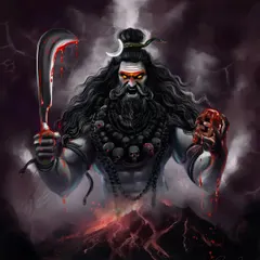 The fierce form of Lord Shiva as Kal Bhairava. This intense artwork portrays his raw power, with a bloodied sickle and skull, emerging from a volcanic landscape.