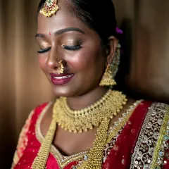 A close-up on the eye makeup. The gold shimmer on the lids brings out the warmth in her eyes, proving that bold looks are stunning on dusky skin.