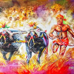 An acrylic on canvas painting depicting the Kambala, the traditional buffalo race from my hometown in Mangalore. I used explosive colors and dynamic brushstrokes to capture the speed, splash, and intense energy of this unique Tulunadu cultural event.