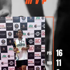 Another MVP in our ranks. This player's stats of 16 points, 11 rebounds, and 3 assists show her all-around contribution to the team's success.