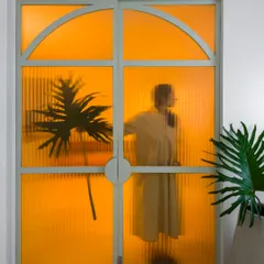 A single pop of color can shift the mood. This arched door with translucent, fluted amber glass creates a stunning visual, casting a warm, playful glow while providing privacy.