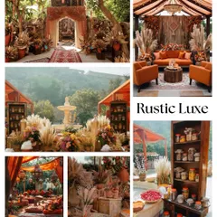 A "Rustic Luxe" mood board for an earthy and elegant Mehendi. This theme combines natural elements like pampas grass and wood with rich textures and warm, deep colors.