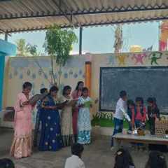 Children from our Makkala Masti summer camp at Kambipura Government School performing a play. The camp focuses on making learning subjects like English and math fun through storytelling, games, and art.