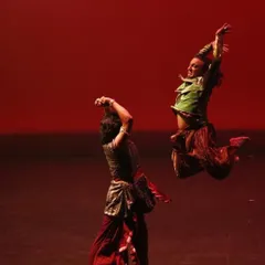 The energy of a duet is unique. This action shot from our show in Portland captures the dynamic and athletic side of our choreography, where Rajendra and I create powerful moments of synchronized movement.