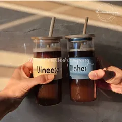 A perfect gift for coffee lovers. These matching glass sippers with custom name sleeves are ideal for enjoying iced coffee and beating the summer heat with a friend or partner.