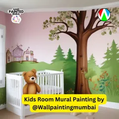 This nursery room mural features a calming landscape with a large tree and distant hills. It's a timeless design that creates a peaceful atmosphere for a baby's room, using a soft and gentle color palette.