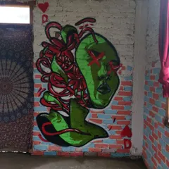 A piece I painted on a brick wall during a trip to Pulga. This mural, featuring a stylized green face with red floral elements, shows how I can adapt my art to different surfaces and environments, like this rustic interior space.