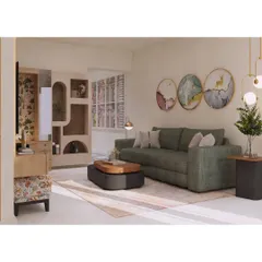 A view of a living room where we integrated a custom display unit with irregular-shaped shelves. This piece adds personal character and storage while complementing the main seating area.
