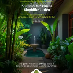 A biophilic garden engages all the senses. The gentle sound of a water fountain combines with the rustling of Bamboo and Areca Palm leaves in the wind to create nature's soothing soundtrack, bringing a natural rhythm to this courtyard.