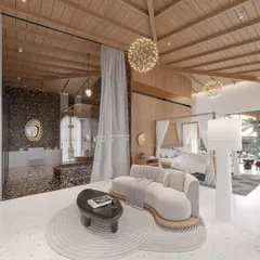 I believe a master suite should be a sanctuary. In this open-plan design, I blended the bedroom and bathroom, using a dramatic terrazzo finish and a vaulted wood ceiling to create a space that feels both grand and intimate. It is a study in texture, light, and luxurious tranquility.