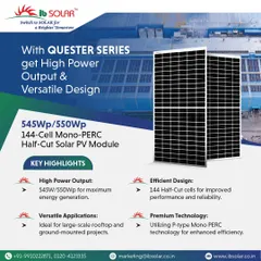 The Quester Series offers a versatile design with high power output. These 545Wp/550Wp Mono-PERC half-cut modules are ideal for both large-scale rooftop and ground-mounted projects, delivering maximum energy generation through premium P-type technology.