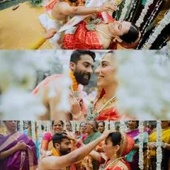 A collage of a vibrant South Indian wedding ceremony, showing the couple's joyful interactions and sacred rituals.