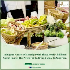 A nostalgic taste of childhood with a rustic display of Indian savory snacks like star fruit and raw mango, served in charming wicker baskets.