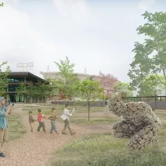 This render imagines the landscaped area within the MCA campus, featuring a stone sculpture and natural pathways. My goal was to create 'in-between' spaces for pause and discovery, where art and nature merge with the sporting environment.
