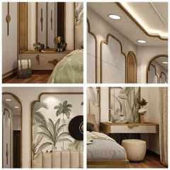 A collage of details from the tropical-themed bedroom, highlighting the custom headboard, vanity, and wardrobe paneling.