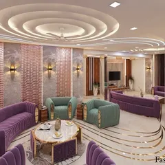 This 3D visualization highlights a living room where the ceiling design is a key feature. The combination of recessed lighting, curved forms, and textured wall panels creates a rich and opulent atmosphere.