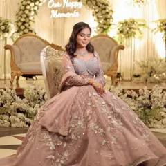 Your engagement or reception look deserves its own moment to shine. For this beautiful bride, we created a soft, romantic look with a pastel lehenga that was perfect for her happy occasion. I can create distinct styles for all your wedding events.
