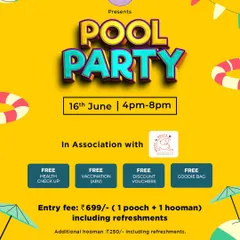 Don't miss out on the fun. This poster details our pool party event, including entry fees for a pooch and a human, refreshments, and freebies like vaccinations and goodie bags.