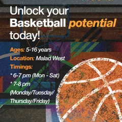 Unlock your basketball potential with us. This graphic provides details on our programs in Malad West, including age groups and timings.