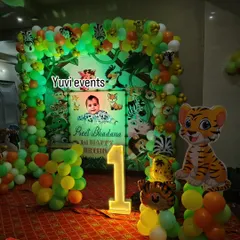 Another view of a jungle theme party, showing the cute tiger cutout and how the balloon arch frames the central backdrop. I can customize the animals and colors based on what you want.