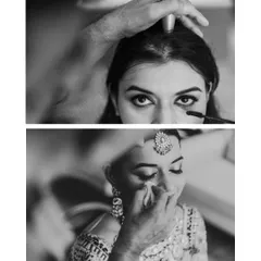 A black and white collage showing the intimate process of a bride's makeup application. These close-up shots are artistic and emotional.