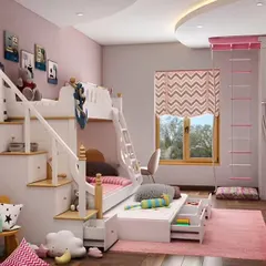 A beautiful bunk bed design for a girl's room, featuring stairs with built-in handrails and pull-out storage drawers under the bottom bed. The soft pink and white color scheme creates a charming atmosphere.