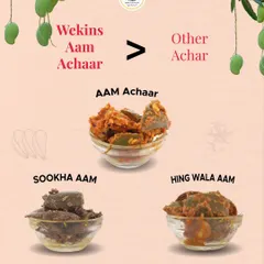Not all mango pickles are the same. We offer different textures and flavors, from the chunky Aam Achaar to the dry Sookha Aam and the pungent Hing Wala Aam.