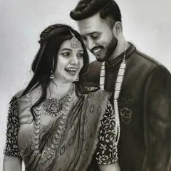 A moment of shared laughter between a couple, captured forever in graphite and charcoal. I focused on the intricate details of their traditional wedding attire and the genuine happiness in their expressions to create a timeless piece for them.