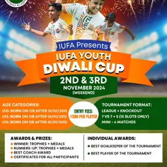 Celebrate the festive season on the football field with the IUFA Youth Diwali Cup. This special weekend tournament for U10, U13, and U15 players combines competitive 7v7 matches with awards for teams and individual stars.
