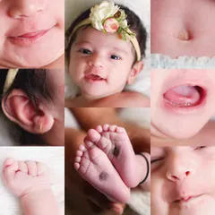 A colorful and happy collage of a smiling baby girl's features. This collection of close-ups captures her happy personality and all her adorable details.